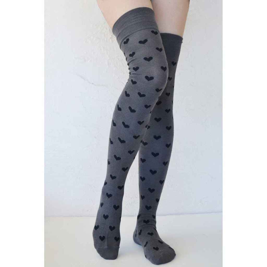 Heart Dots Over-the-Knee Socks (Grey with Black Hearts)