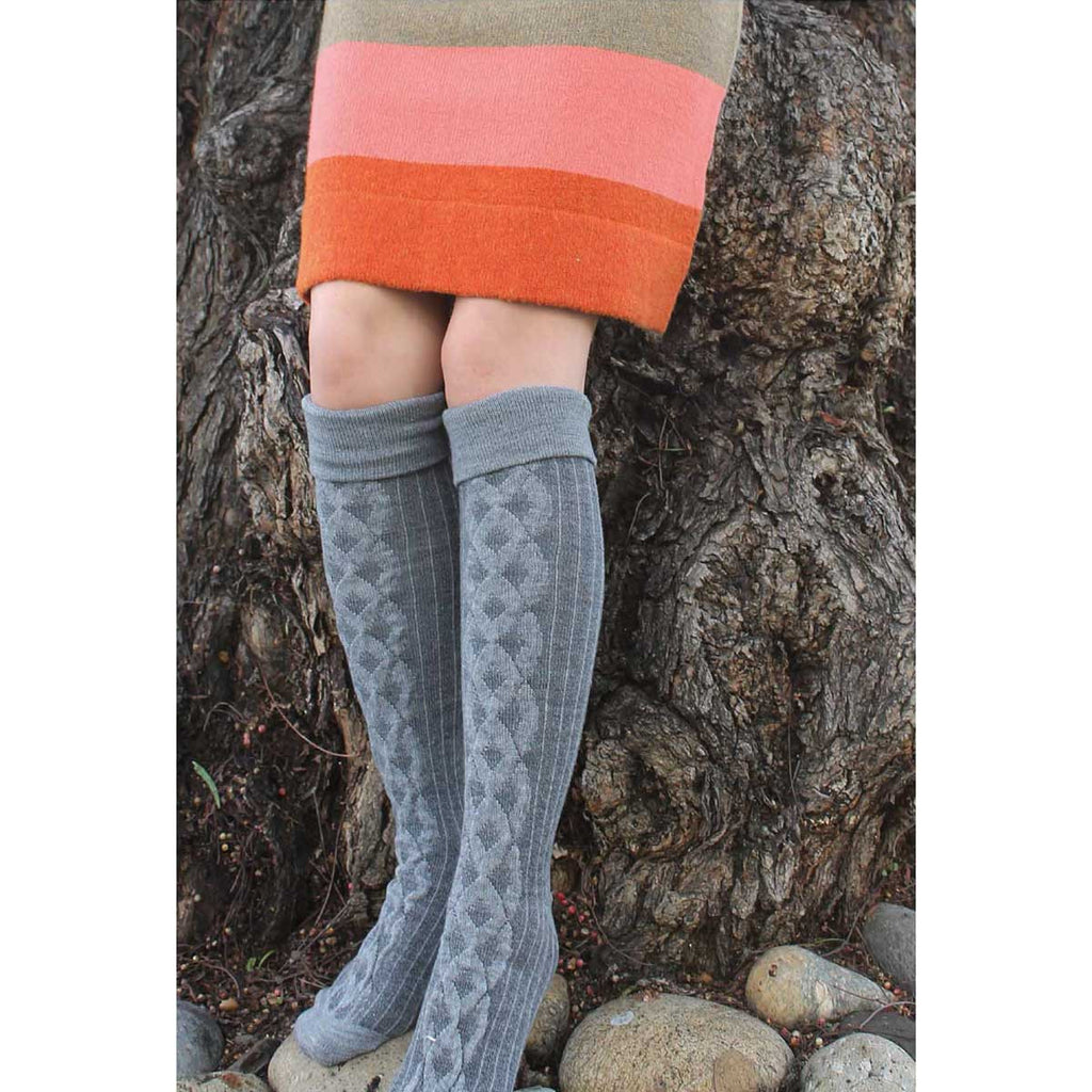 Grey Cuffed Cable Knee High Socks