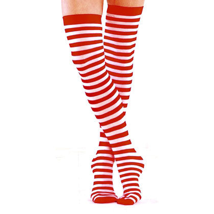 Red and White Striped Opaque Thigh Highs