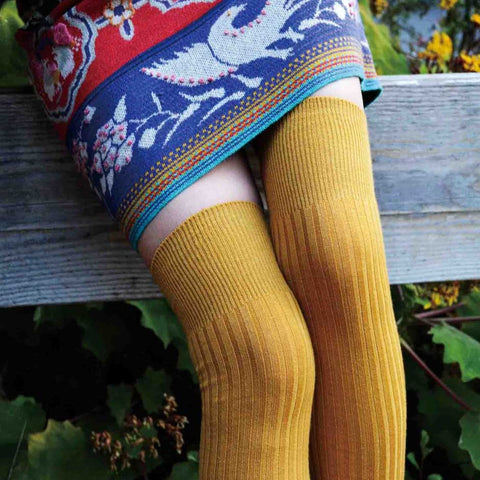 Mustard Gold Wool Blend Ribbed Over-the-Knee Socks